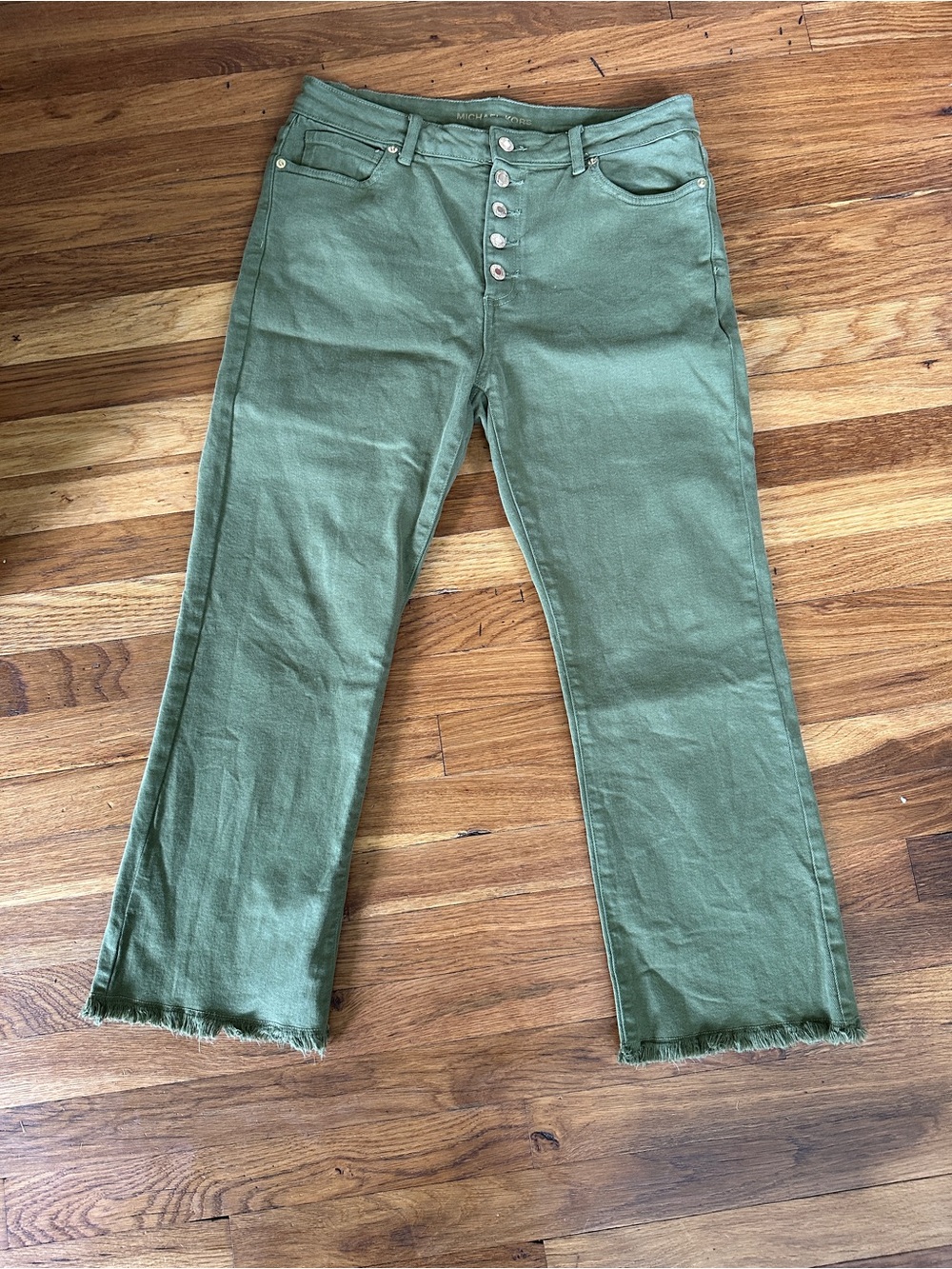 Michael Kors Olive Green Button-Front Cropped Jeans
